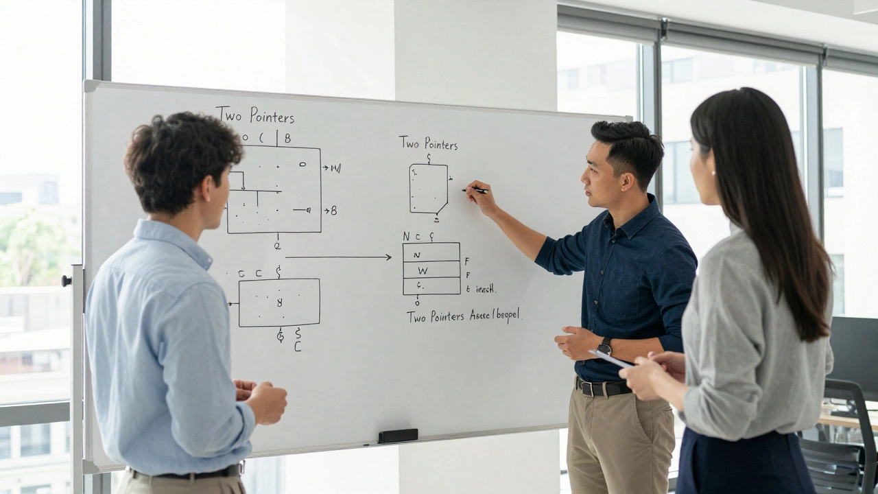 Developer explaining algorithmic logic on a whiteboard during a technical job interview.