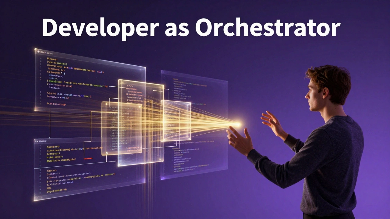 Developer orchestrating AI-generated code blocks into a complete system architecture