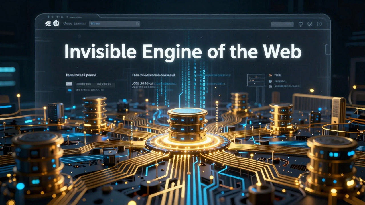 Digital illustration of a complex server network and databases beneath a translucent website.