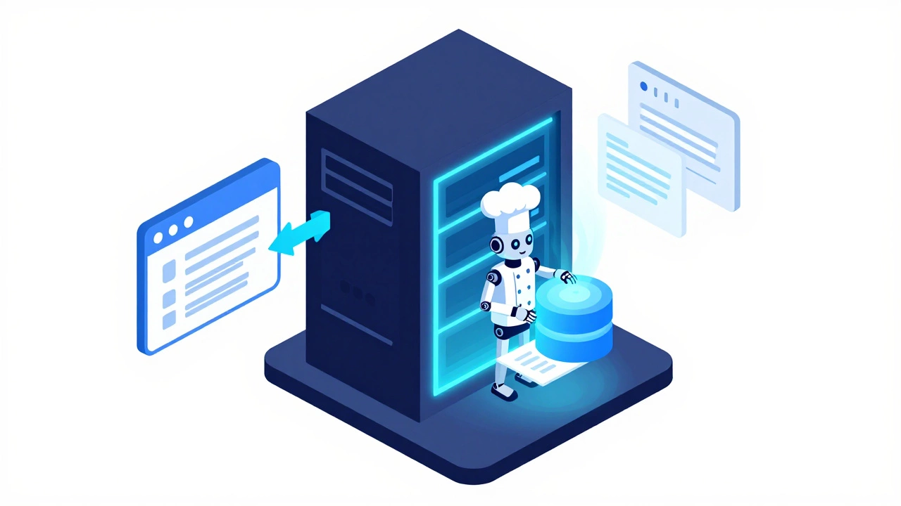 Isometric illustration of a server processing data into HTML pages.