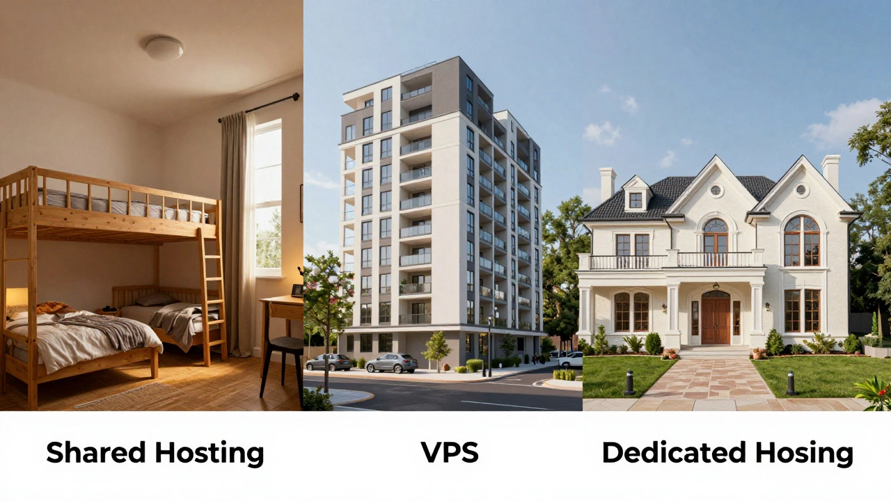 Three different dwellings representing shared, VPS, and dedicated web hosting levels.