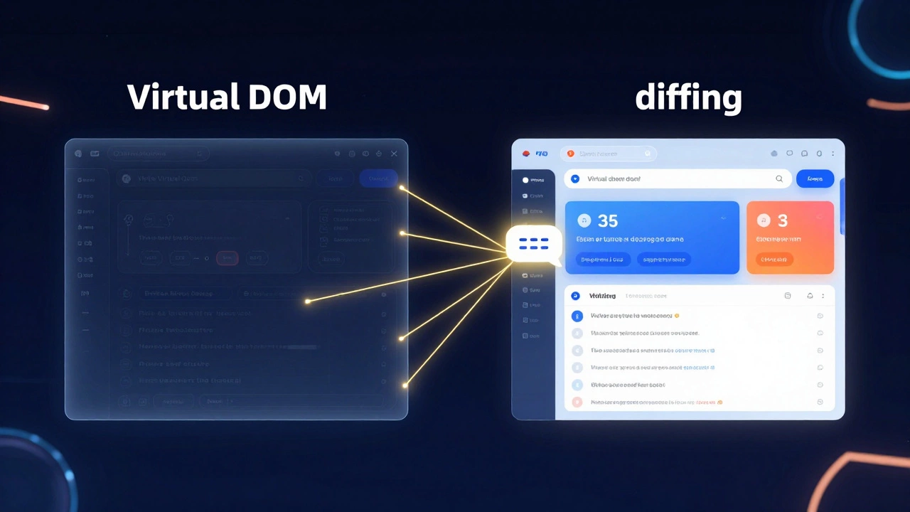 Visualization of the Virtual DOM diffing process showing a ghost blueprint and a live page
