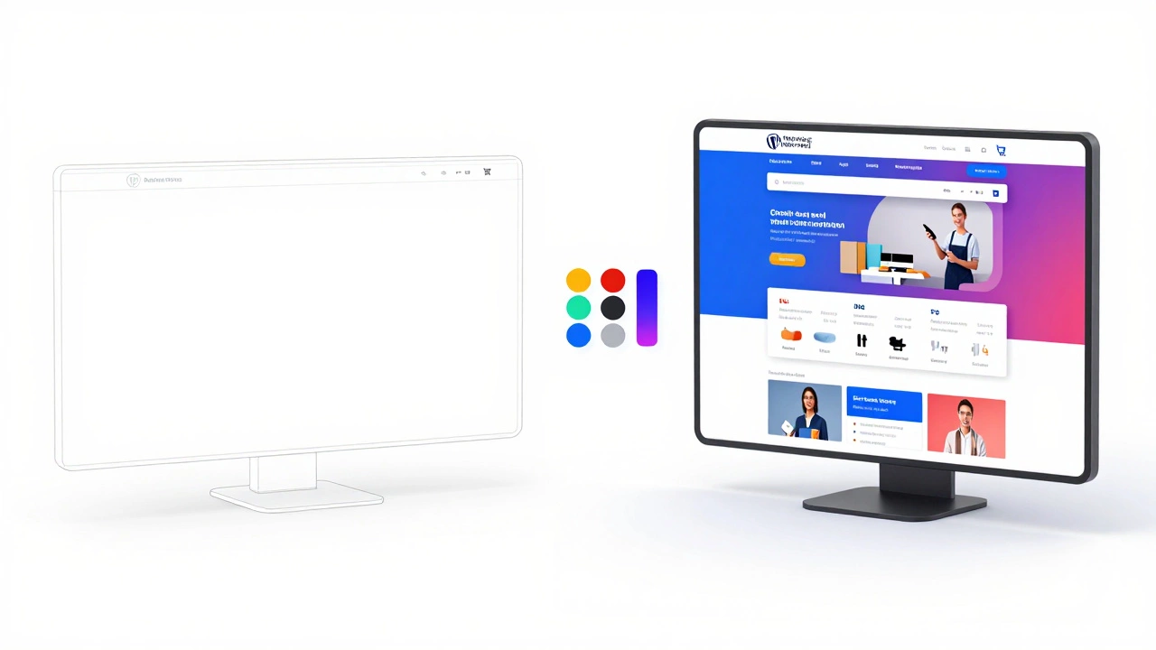 3D concept art transforming a blank site wireframe into a finished online store via visual tools.