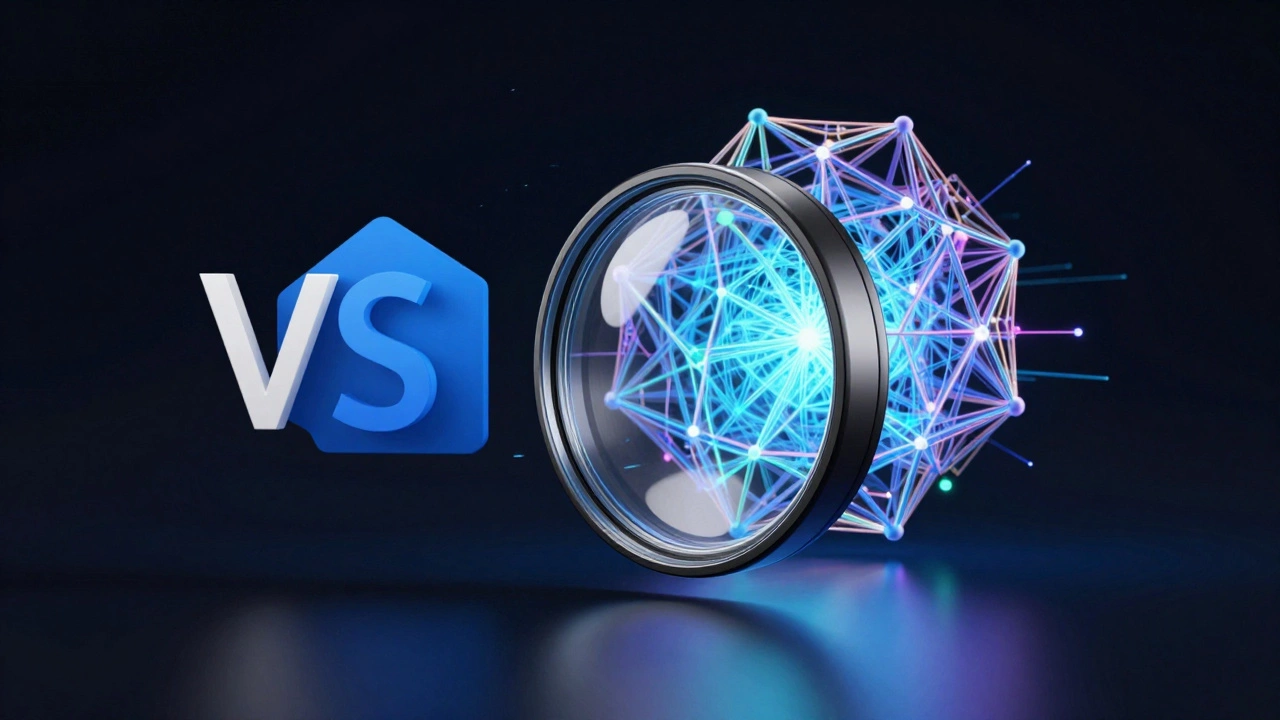 A glass lens representing VS Code focusing on a complex framework structure.