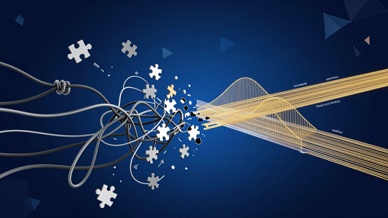Abstract visualization of broken website code versus optimized site architecture
