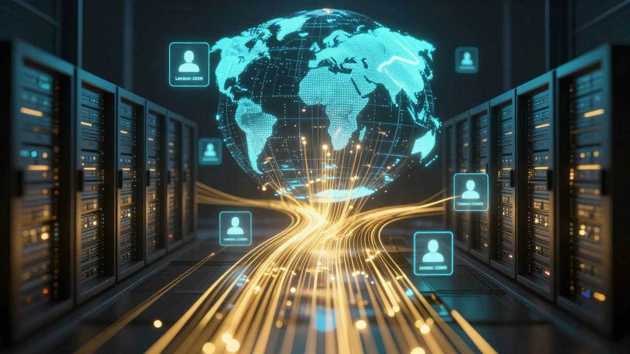 Abstract visualization of Wix's global CDN network routing data efficiently to nearby servers.