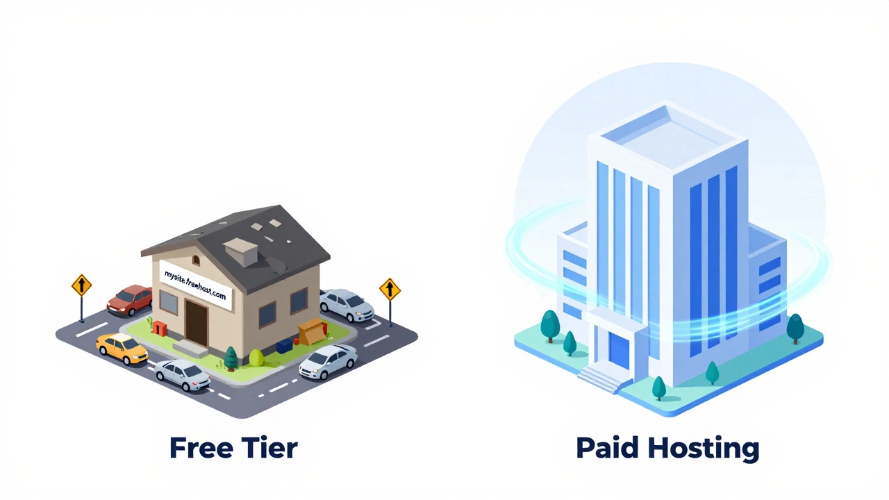 Comparison graphic showing limited free hosting vs reliable paid hosting with custom domains.