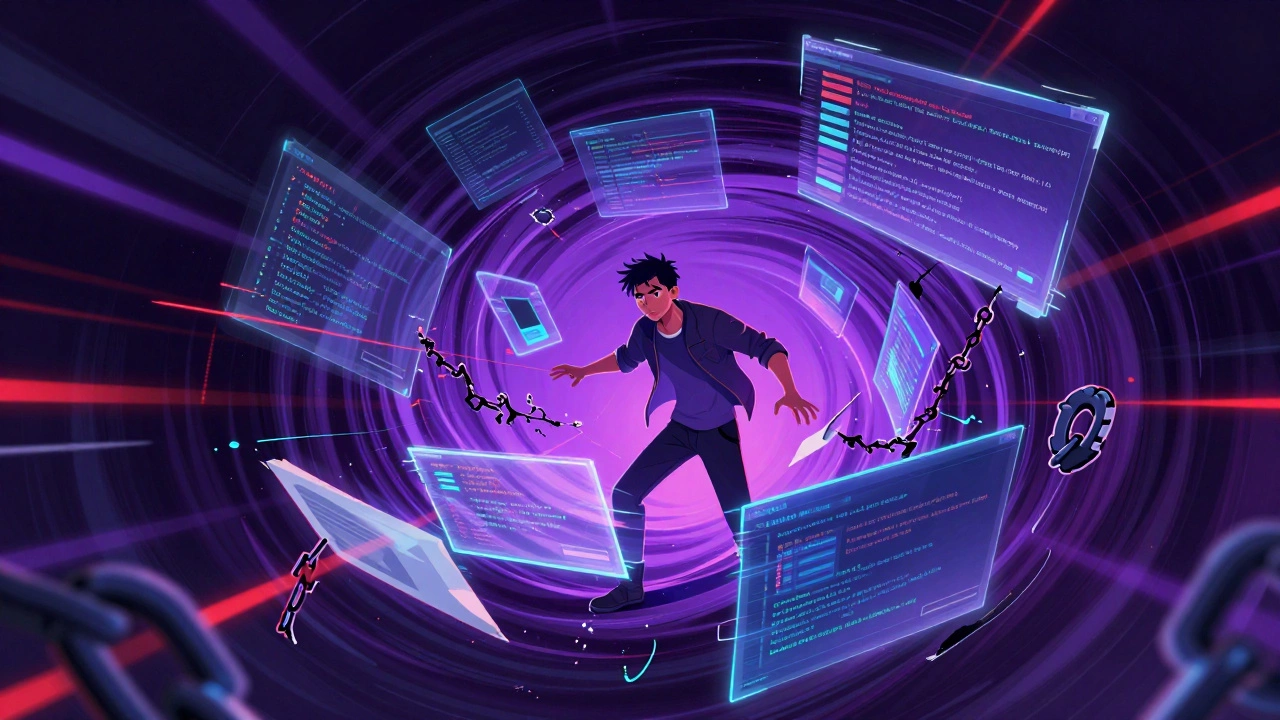 Cyberpunk illustration of developer managing chaotic state and async data streams