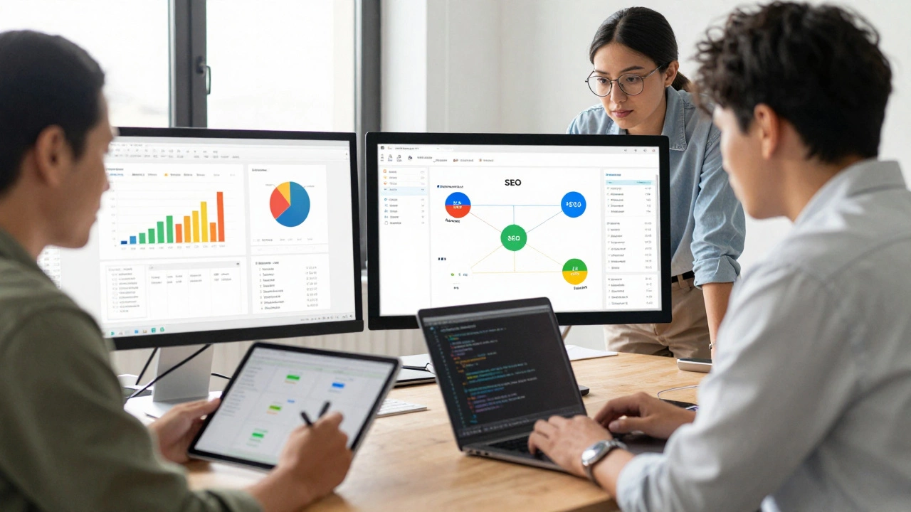 Designer, developer, and SEO specialist collaborating around a monitor in a modern office