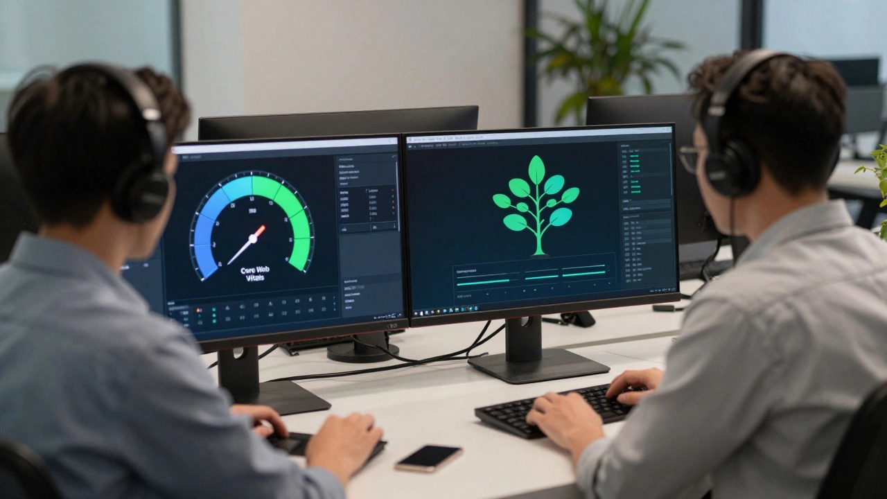 Developer and SEO specialist collaborating on site performance metrics