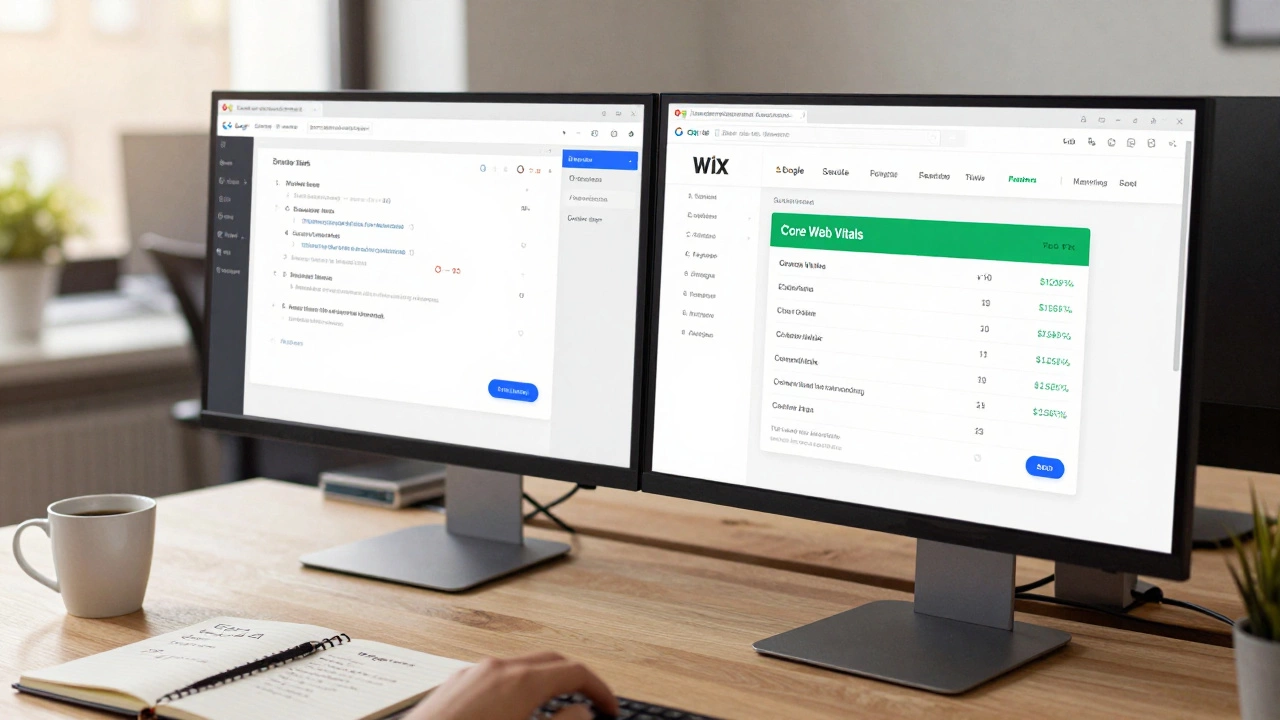 Developer desk with monitors showing Wix editor and positive SEO performance metrics and analytics.