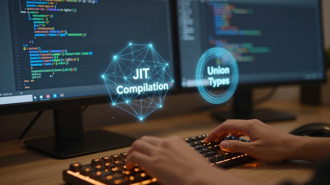 Developer workspace with modern code and floating JIT compilation concepts