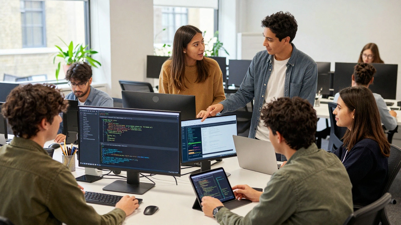 Diverse team of junior developers collaborating in a bright modern workspace
