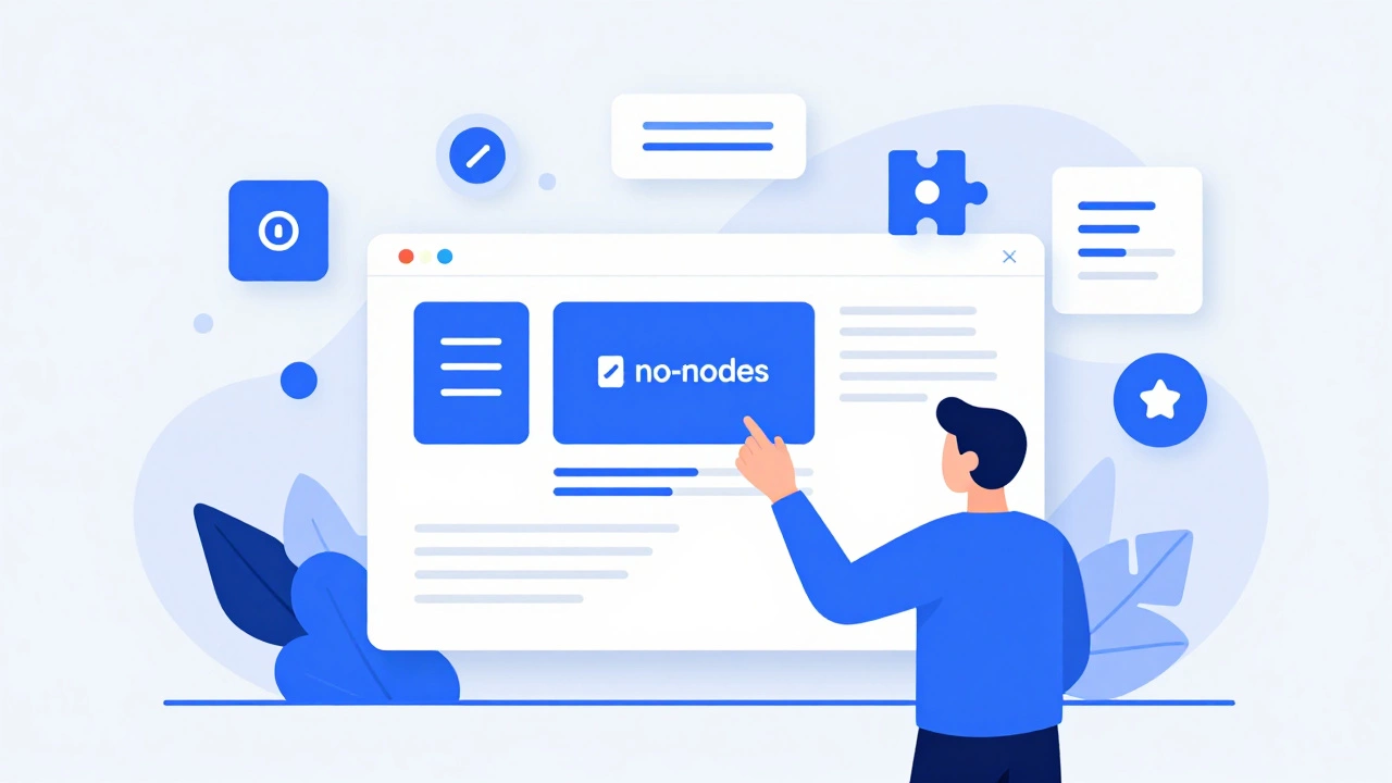 Flat illustration of drag-and-drop website building with floating widgets and design tools.