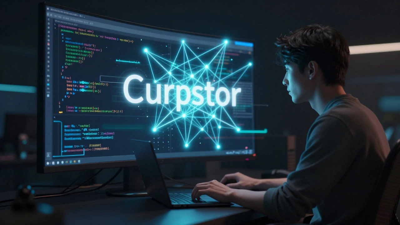 Futuristic developer immersed in AI-assisted terminal coding