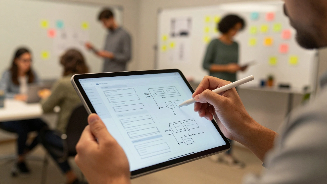 Hands sketching UI layouts on a tablet in a collaborative space