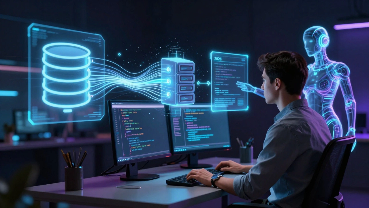 Holographic visualization of data flow from database to UI, aided by an AI assistant in a modern setup.