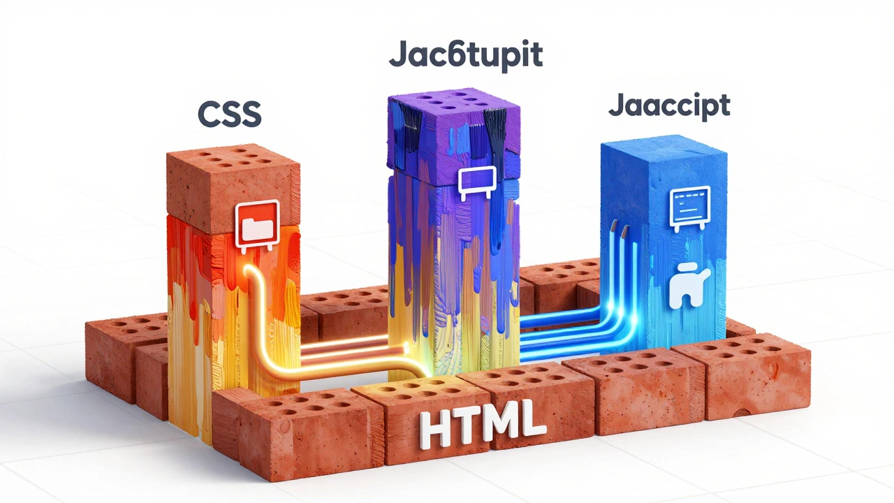Illustration of web development pillars: HTML structure, CSS style, and JS logic.