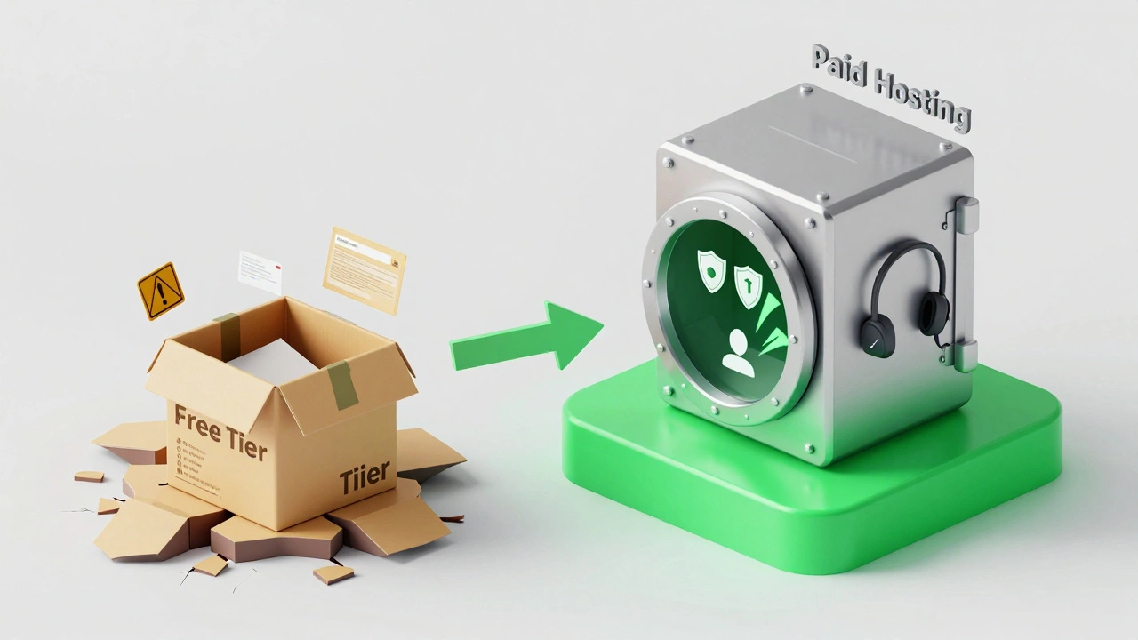 Isometric comparison of a cluttered free hosting box versus a secure, sleek paid hosting vault.