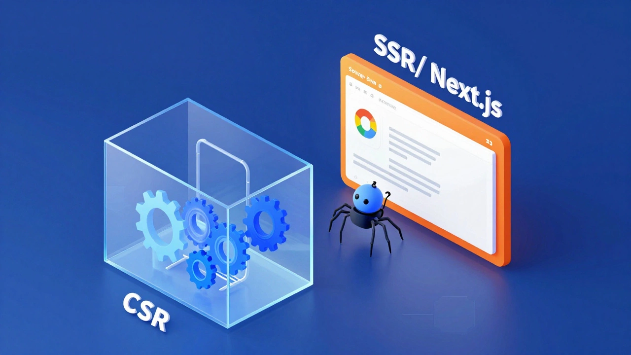 Isometric graphic comparing SSR and CSR rendering methods for SEO