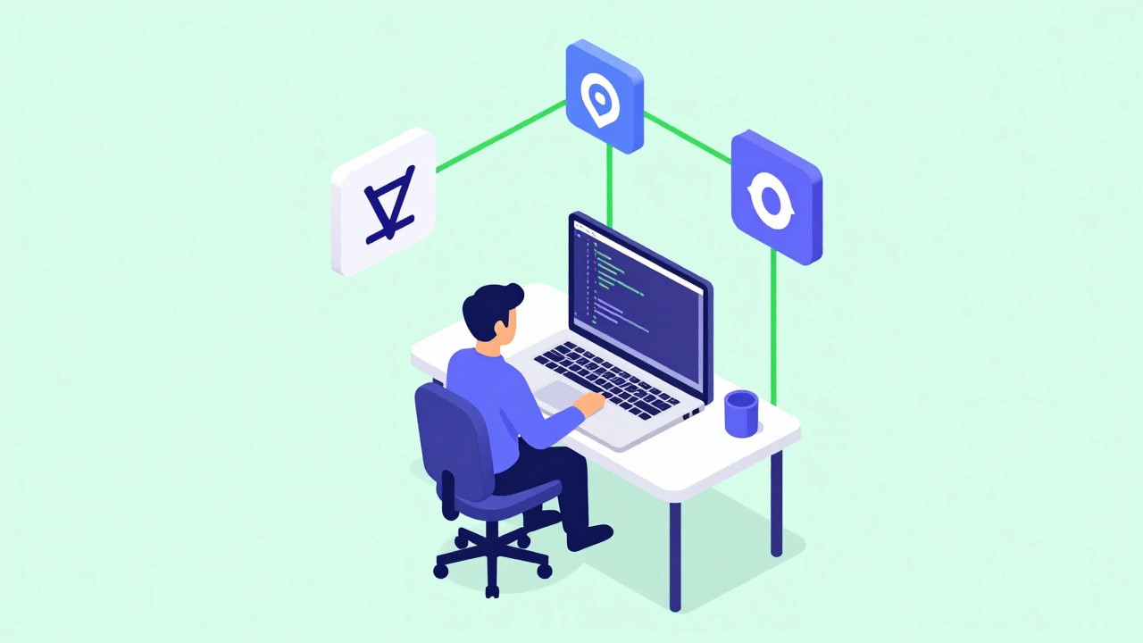 Isometric illustration of a developer workspace with coding tools