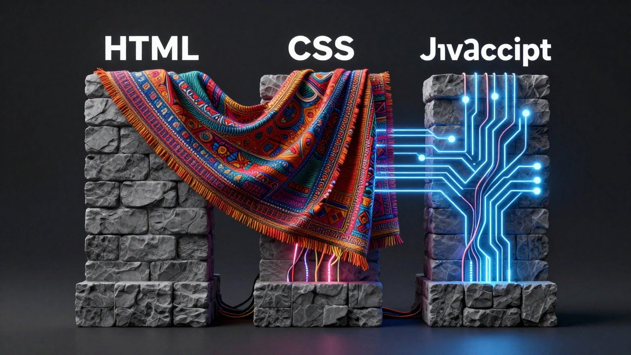 Metaphorical 3D art of HTML structure, CSS style, and JS logic layers