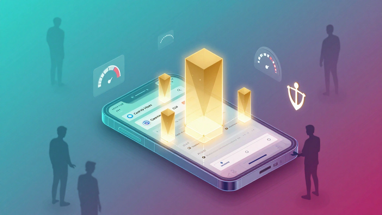 Mobile wireframe overlaid with glowing Core Web Vitals metrics and user interaction icons