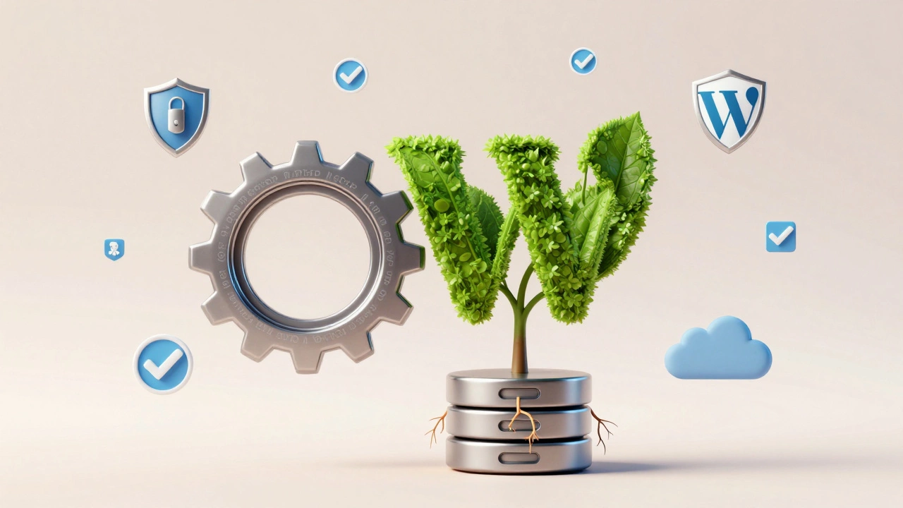 PHP gear meshing with WordPress plant symbolizing symbiotic growth