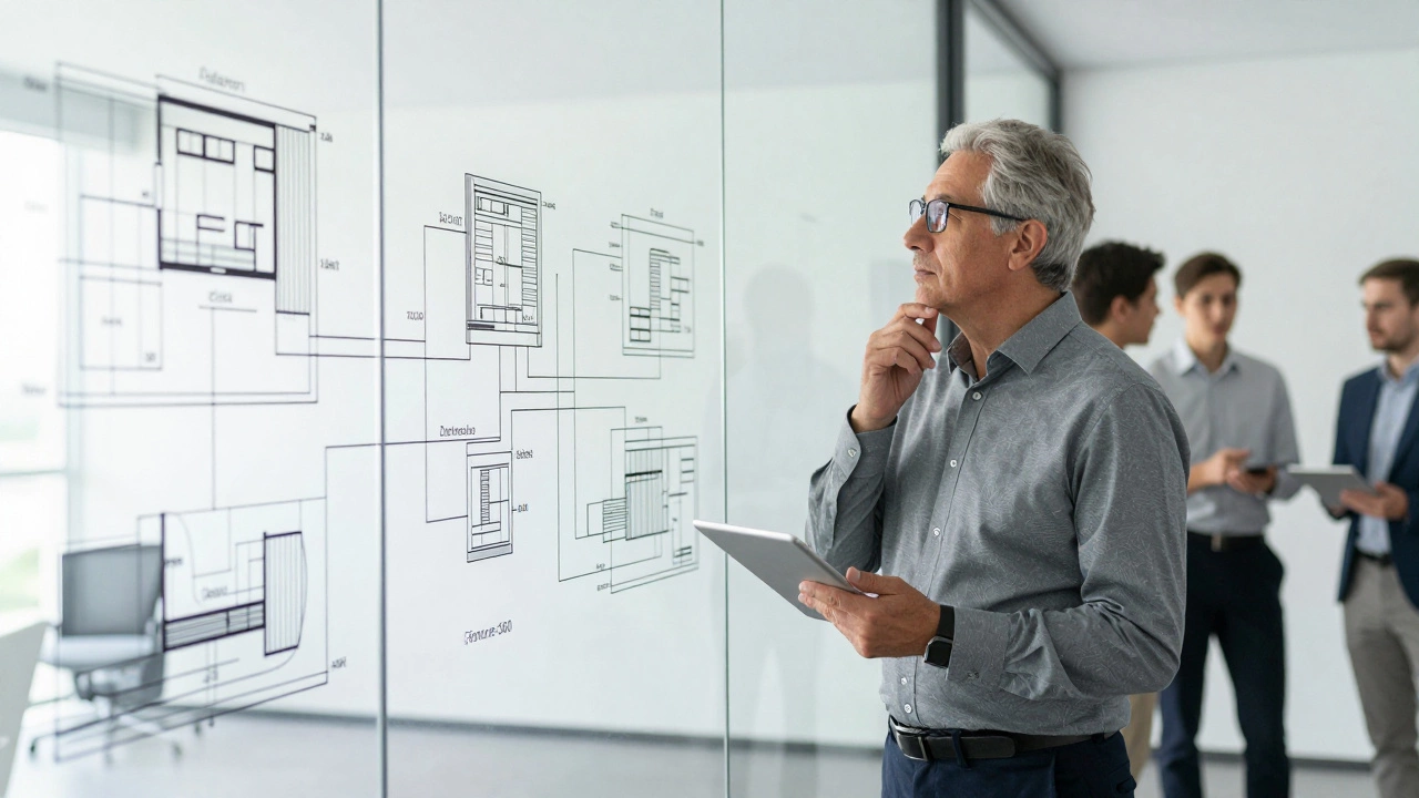 Senior architect contemplating system design and technical debt in modern office