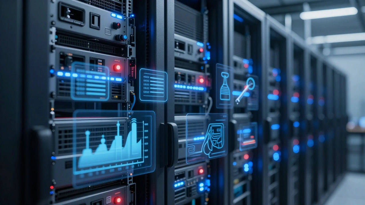 Server racks with overlays of bills and tools, showing the physical cost of maintaining websites.