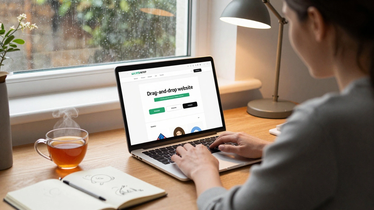 Small business owner easily building a website on a laptop in a cozy home office setting.