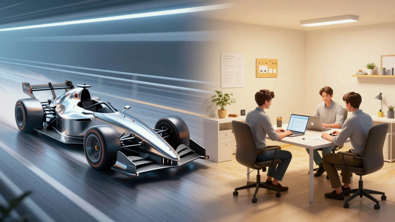 Split view contrasting high-speed performance cars with easy-to-use dev workshops