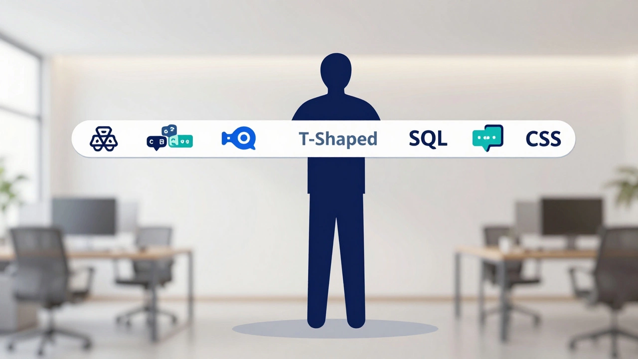 T-shaped diagram illustrating broad tech knowledge versus deep expertise in one area for developers.