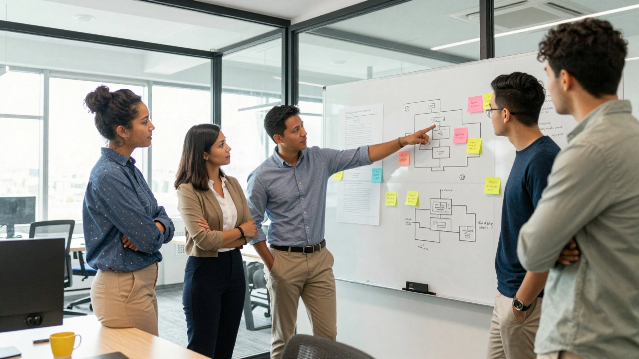 Tech team collaborating on system design in a modern UK startup office