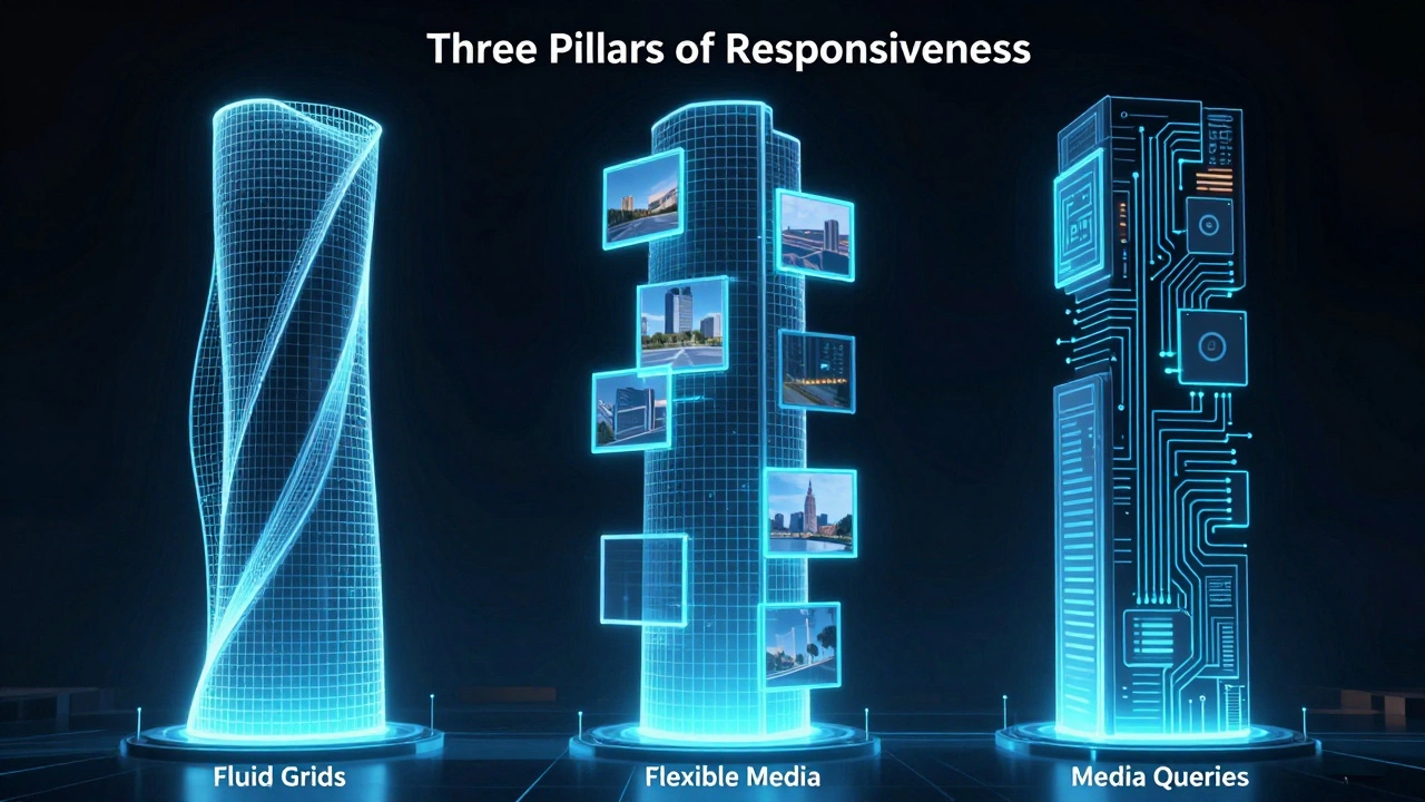 Three glowing digital pillars representing grids, media, and queries in responsive design.
