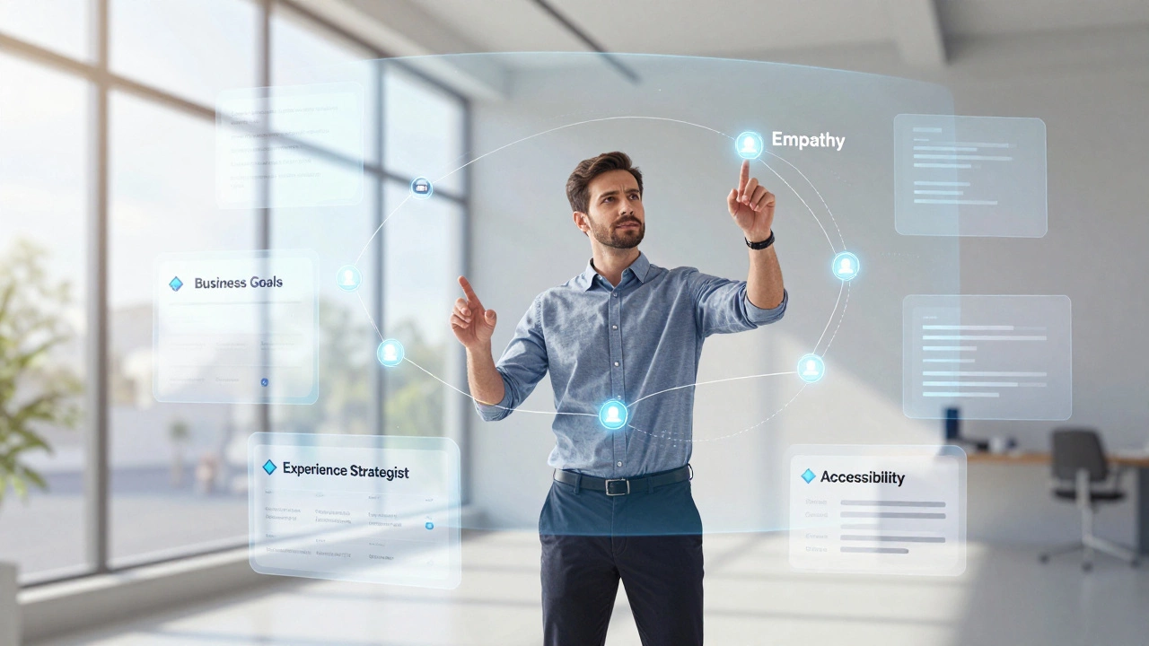 UX strategist guiding holographic user journey maps in a bright office