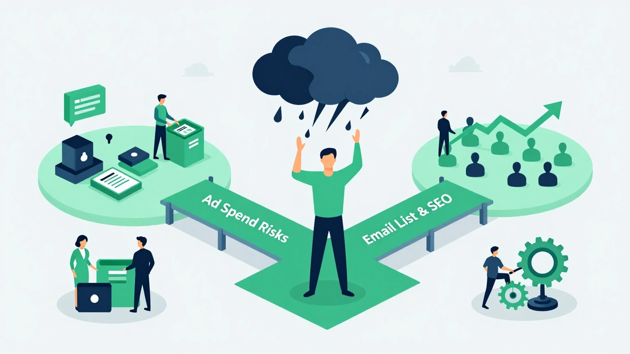 Vector graphic illustrating e-commerce risk mitigation and diversified growth strategies.
