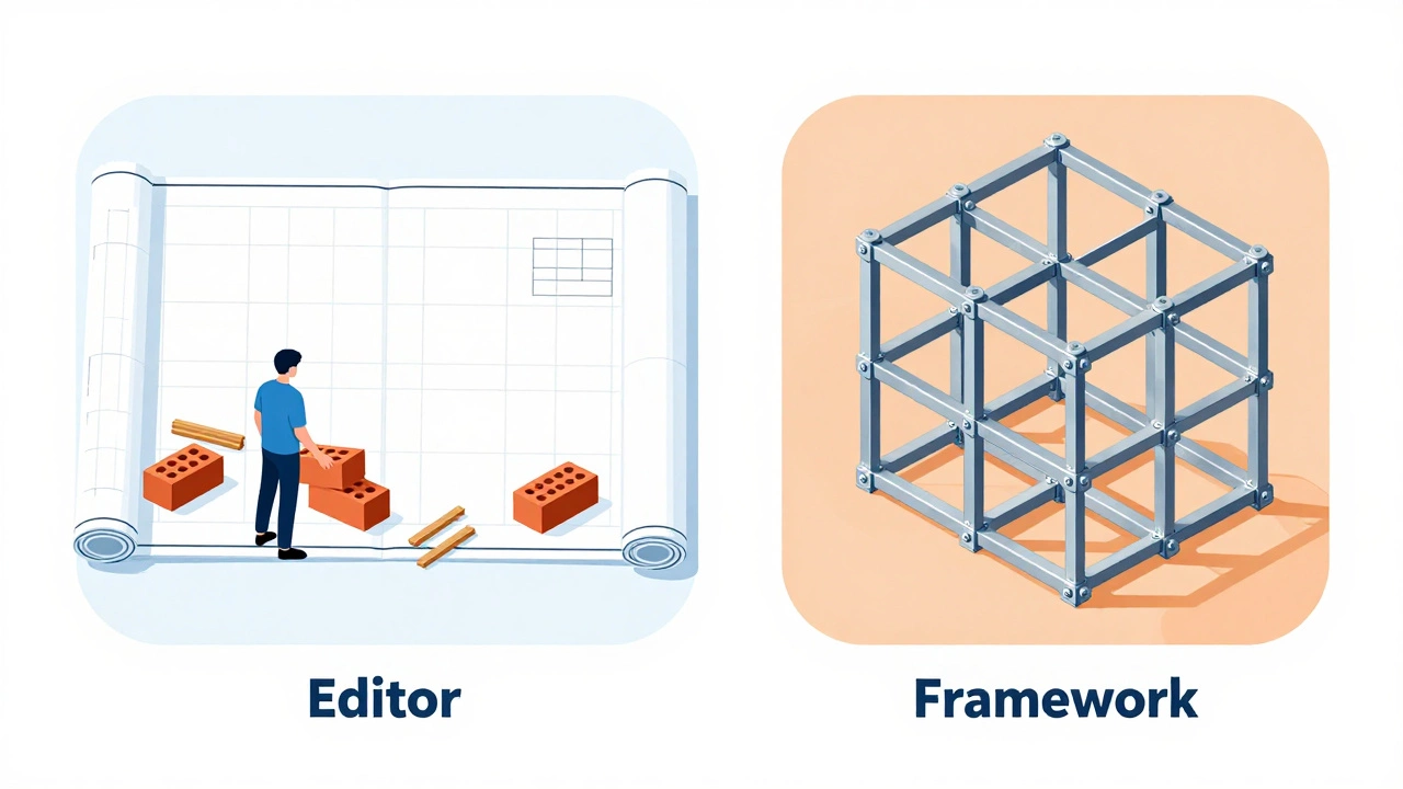 Visual comparison of an open editor blueprint versus a rigid framework structure.