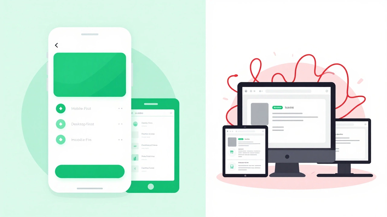 Visual comparison of mobile-first expansion versus desktop-first shrinking strategies.