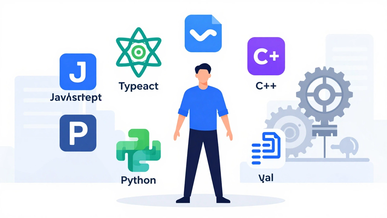 Web tech stack icons with C++ in background