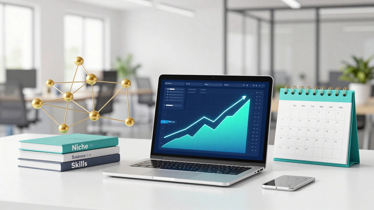 Workspace with laptop showing growth charts and strategy tools