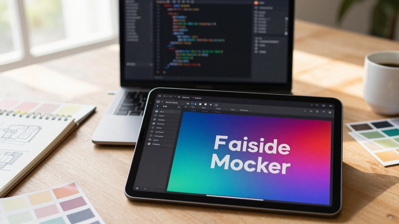 Workspace with UI design tablet and coding laptop in background