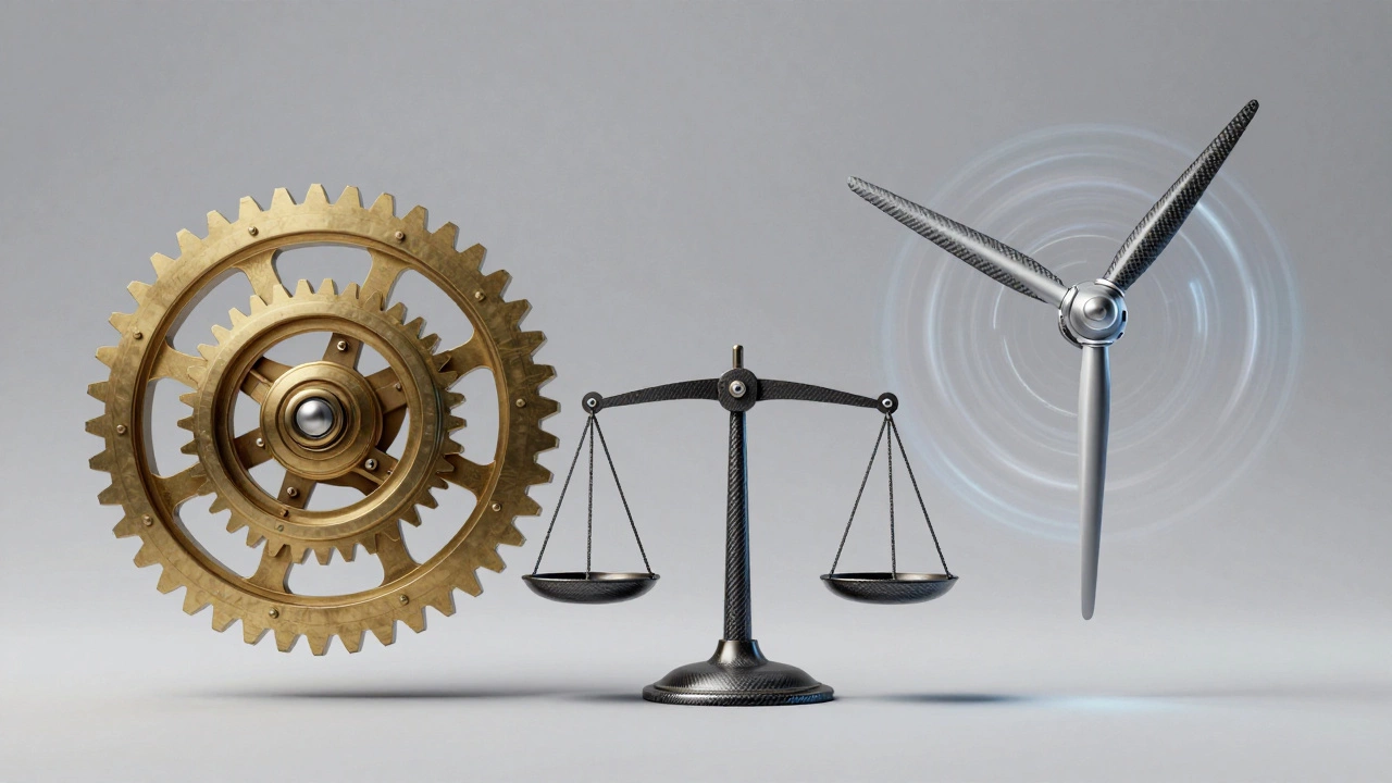 3D render comparing heavy gears to a sleek fast turbine