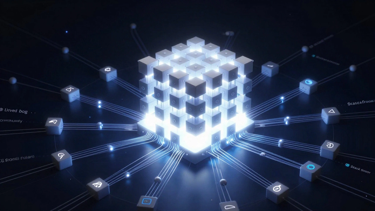 Abstract 3D render of interconnected glowing blocks symbolizing the React ecosystem.