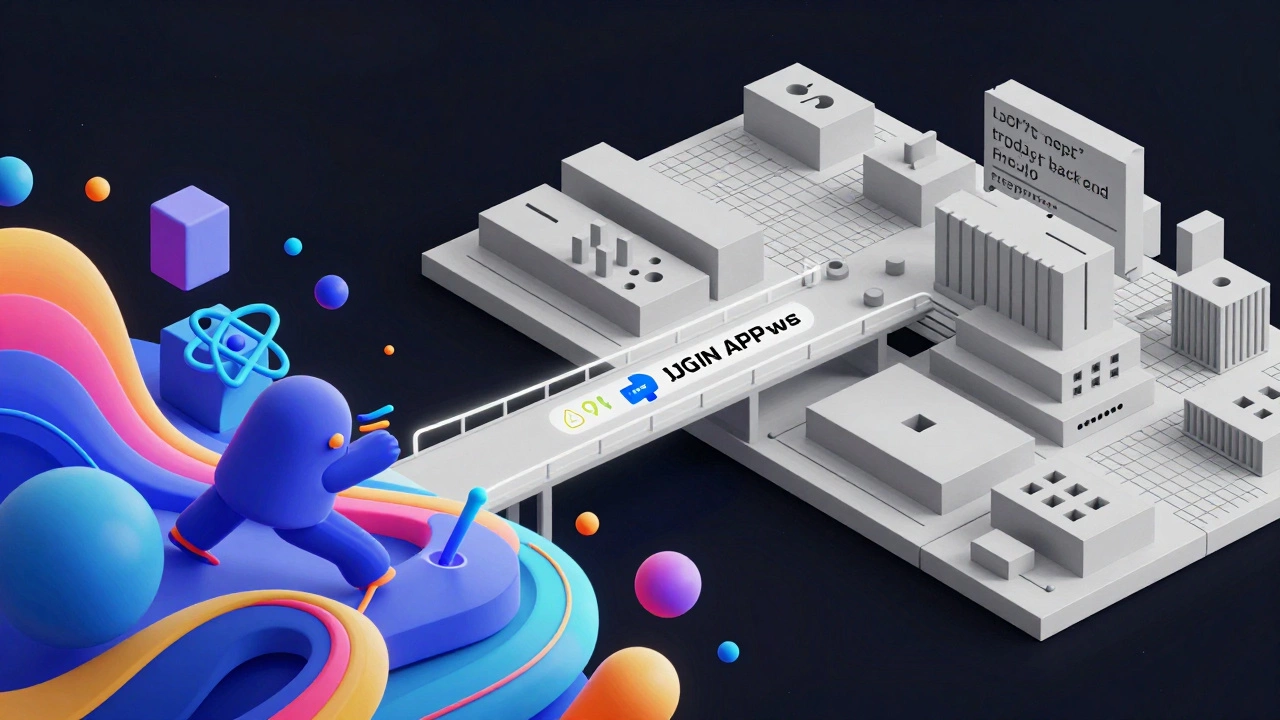 Abstract art connecting colorful UI elements with structured code blocks, illustrating full-stack web development.