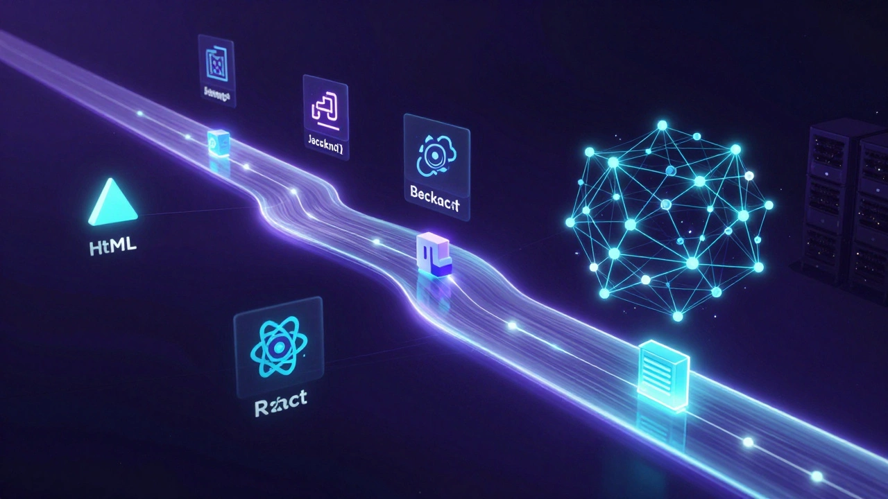 Abstract digital roadmap illustrating the progression from basic web skills to full-stack expertise.