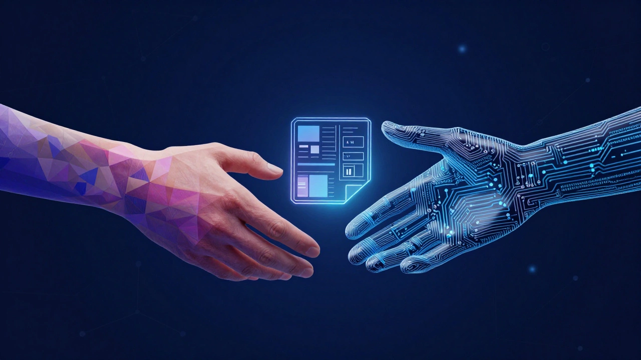 Abstract hands exchanging design blueprint for code structure