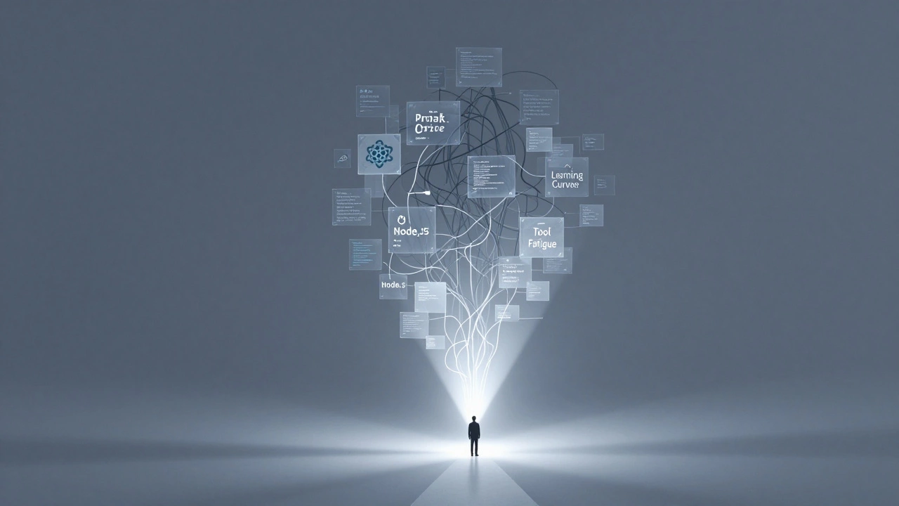 Abstract illustration of a coder facing a tower of complex programming frameworks and tools