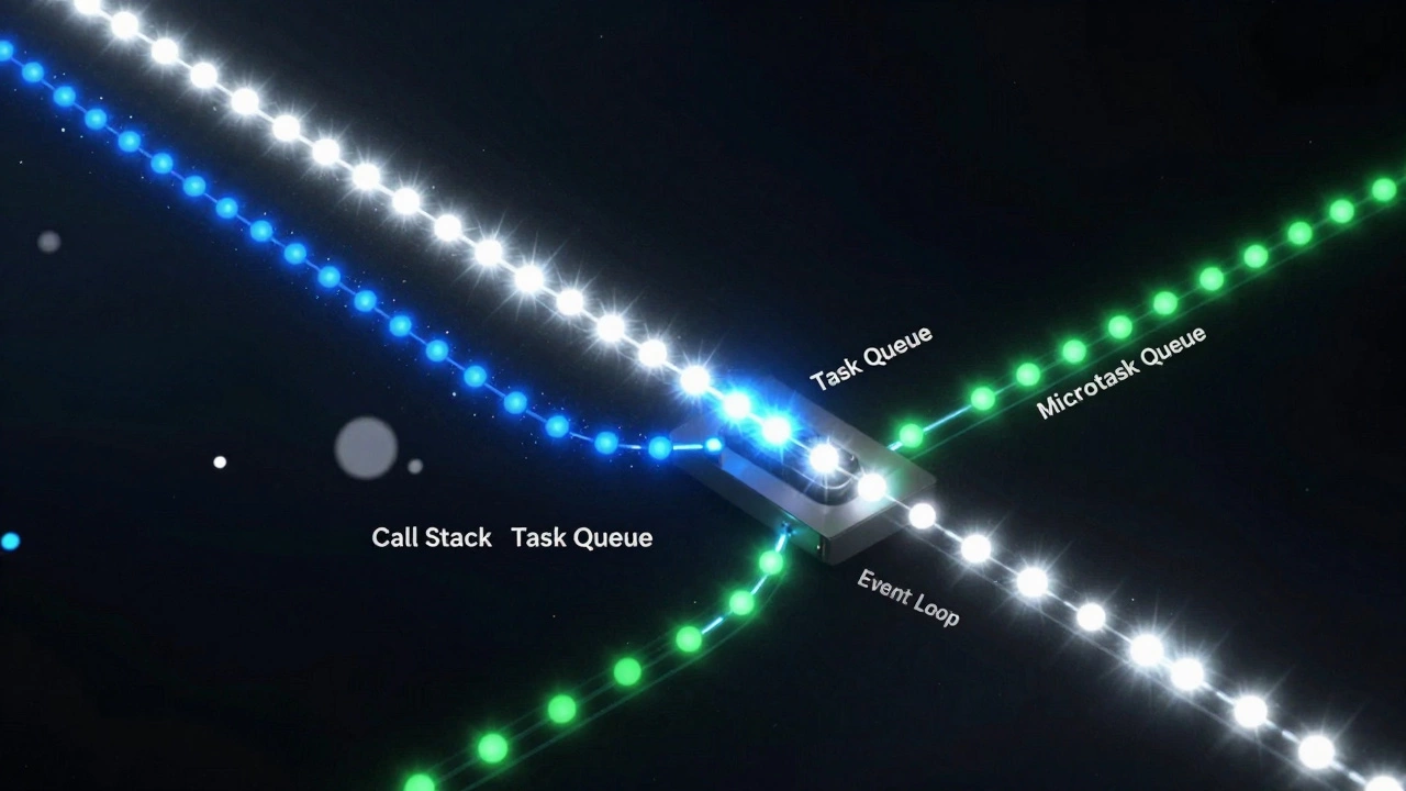 Abstract visualization of event loop and async task queues in JavaScript