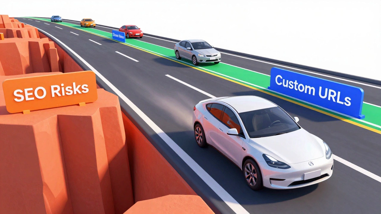 Car without steering wheel drifting toward SEO risks on a road